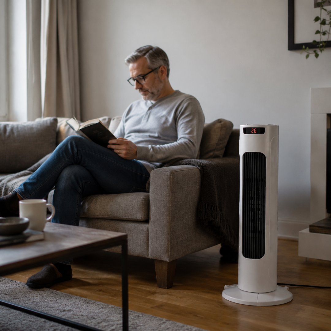 LG ComfortPro Heater tower unit in a cozy living room beside a man reading on the sofa