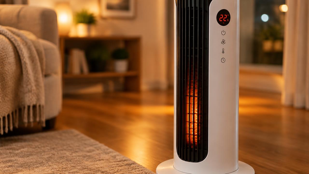 Close-up of the LG ComfortPro Heater's vent grille glowing warm in a cozy evening living room